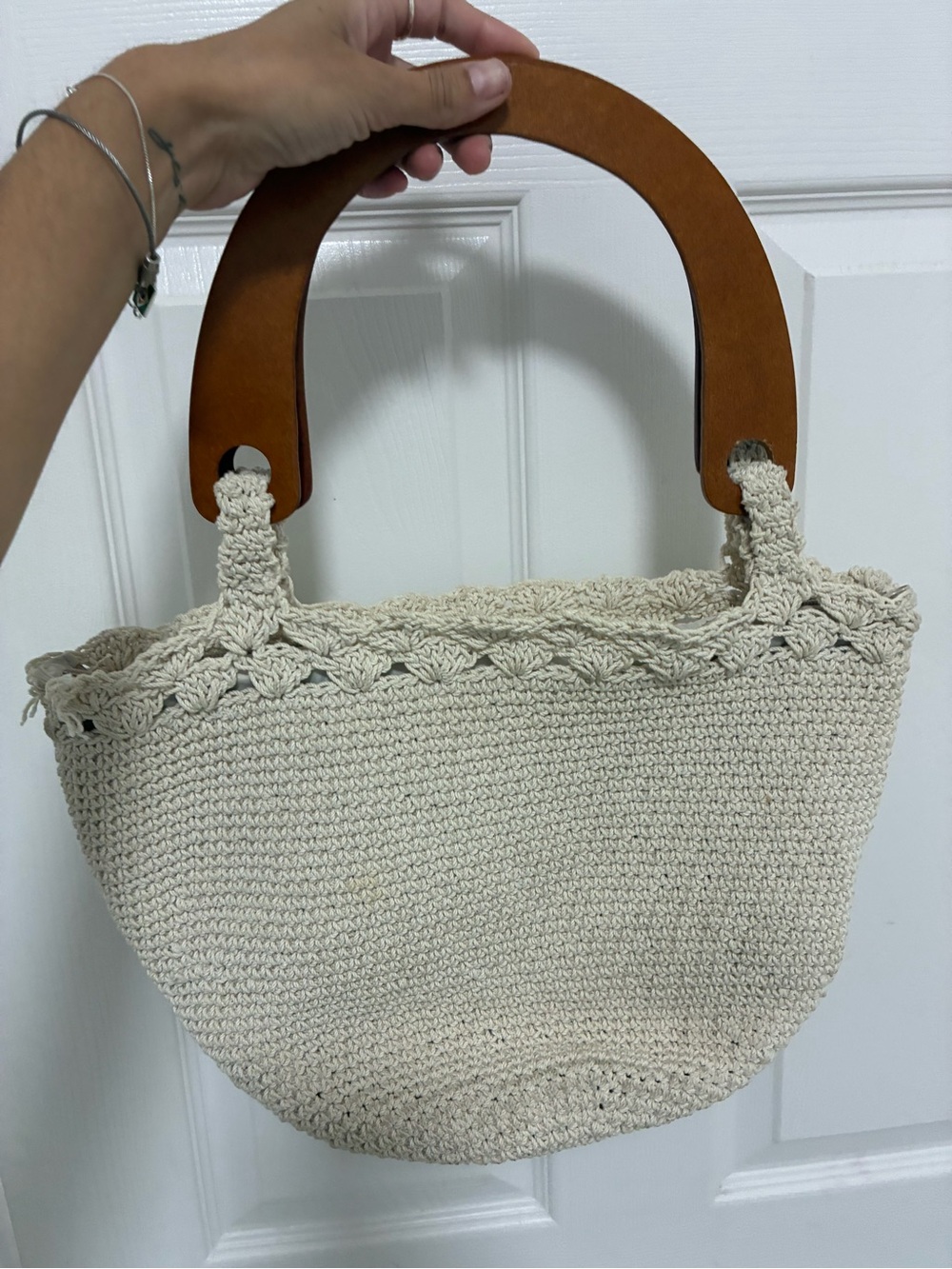 Cream Crochet Tote Bag with Wood Handles